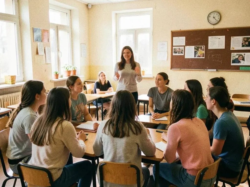Подростки и&nbsp;преподаватель на&nbsp;занятии в&nbsp;студии